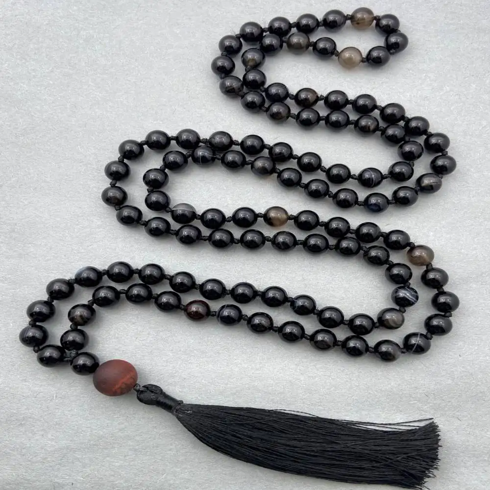 

Natural Black Onyx/Black Obsidian 108 Mala Beads Necklace with Black Tassel Protection & Grounding Healing Crystal Jewelry
