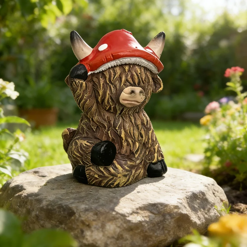 1 Pcs Crafts Adorable Highland Yak Sign Figurine Cute Cartoon Cow Statue Resin Mushroom Animal Sculpture Ornament Farmhouse