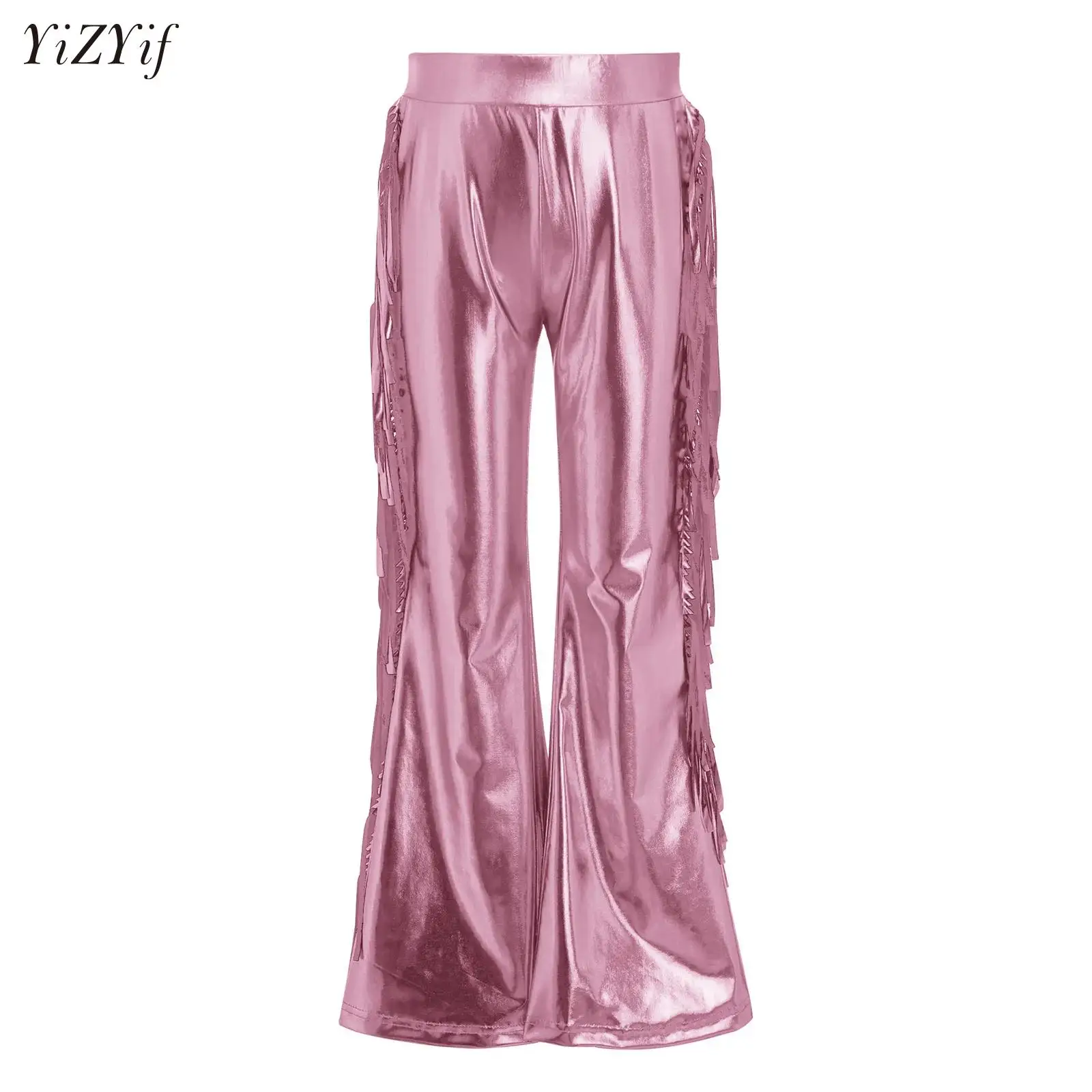 

Kids Girls Metallic Bell-Bottom Trousers Pants Jazz Dance Costumes Tassels Modern Hip Hop Street Dancewear Hippie Disco Clothes