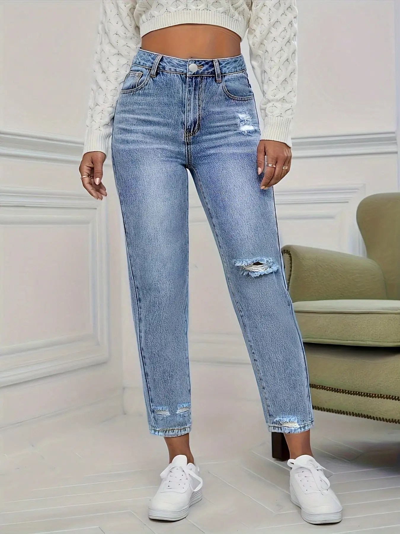 Women's High  Waisted Distressed Jeans 2025 Trendy Ripped Design Stretch Denim Button  Front Ankle  Length Pants