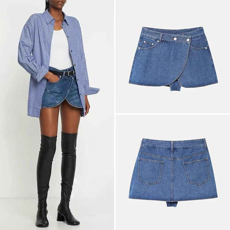 

Spring 2025 Fashionable Casual Women's Denim Shorts Asymmetrical Design Elegant Simple Match All Tops Fake Two-Piece Set