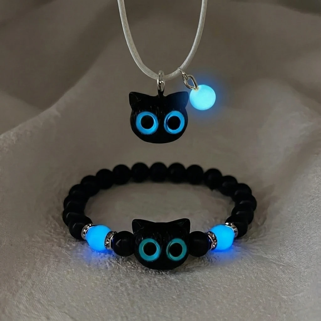 Leuchtende schwarze Katze-Anhänger-Armbänder für Damen und Herren, niedliches Cartoon-Harz, großes Auge, Kätzchen-Anhänger, Halskette, modischer Paar-Schmuck – Detail 6