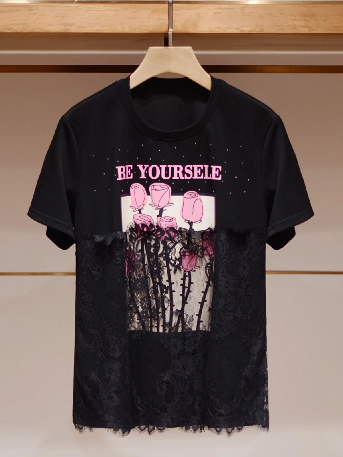 

Ele round Ne ort Sve Printed Lace Bla T-irt Women's Commute Sle Slim Fit Summer Top JOOva Ladylike Design