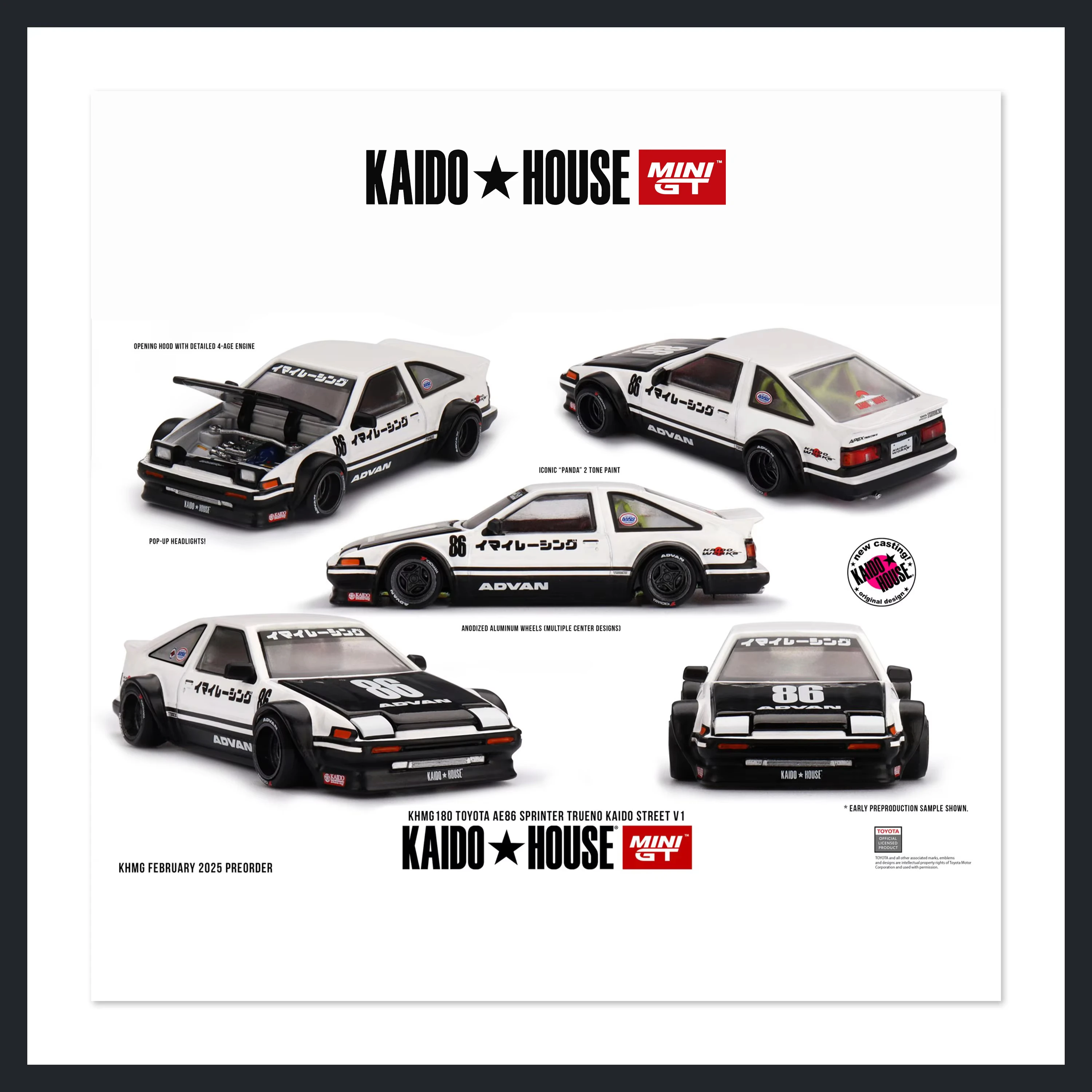 

Модель автомобиля Kaido House 180 *CHASE* 1:64 Sprinter Trueno AE86 IMAIRACING V1 с открывающимся капотом, литая под давлением, KHMG MINIGT