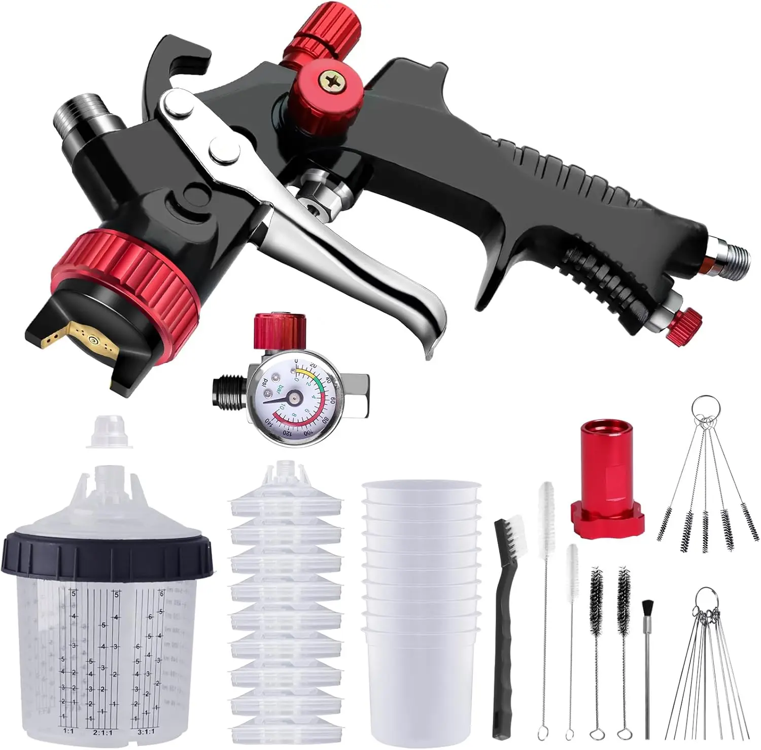 

HVLP Spray Gun Kit with Quick Cup, Pressure Gauge, 1.3mm Nozzle, and Disposable Cups for Automotive and Furniture Painting