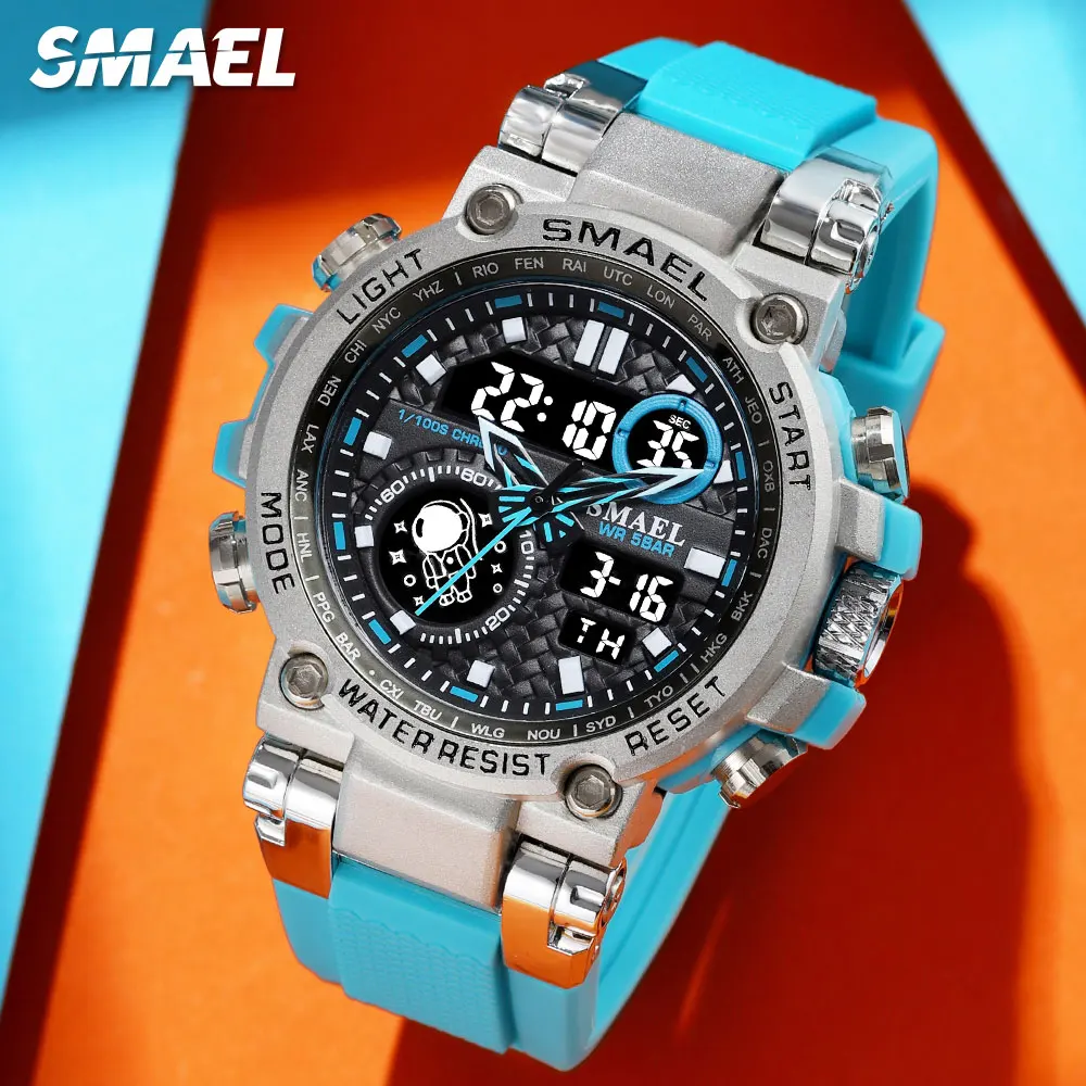 SMAEL Light Blue Sport Digital Watch for Men Waterproof Dual Time Display Chronograph Quarz Wristwatch with Auto Date Week 1803B