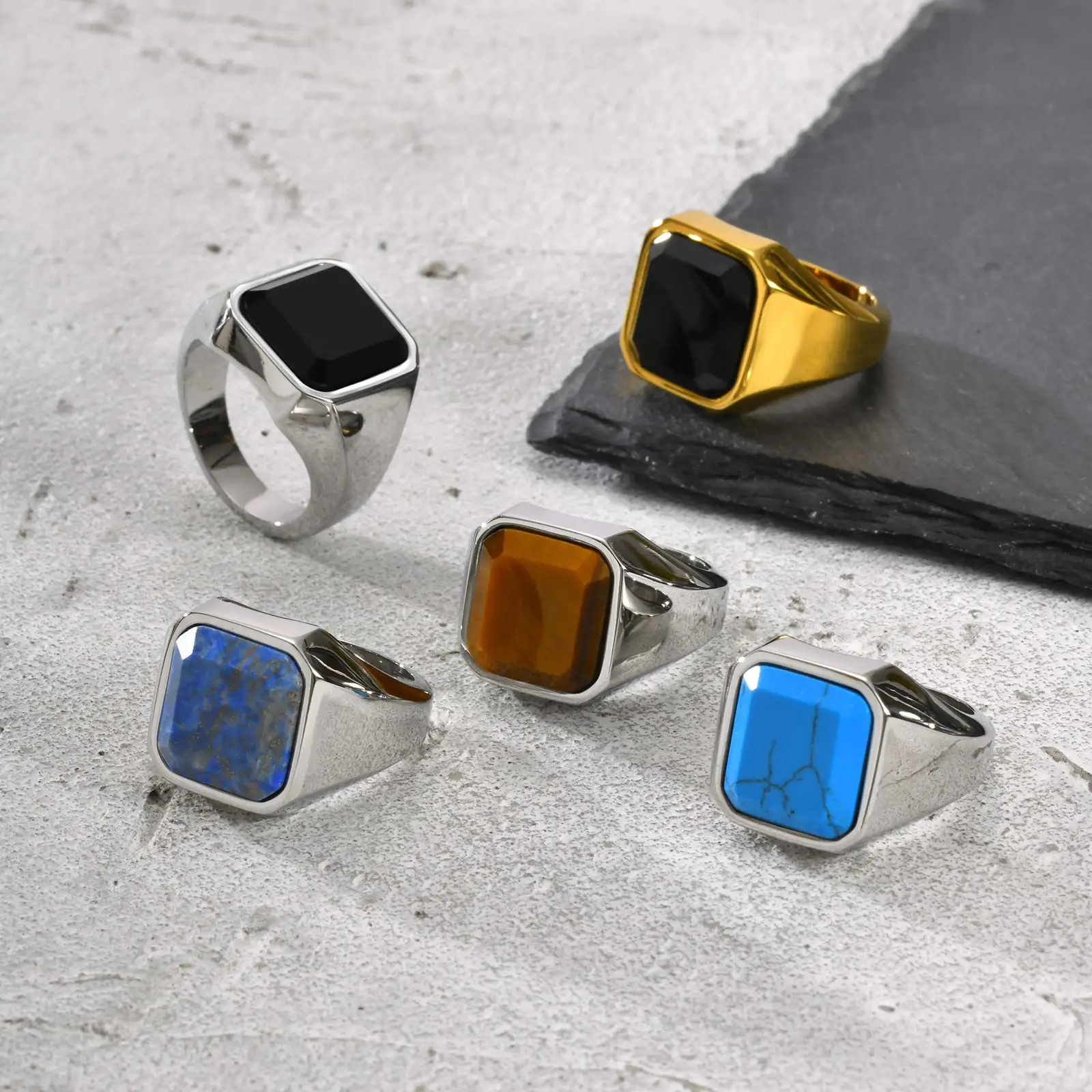 Punk Natural Stone Ring for Men Boys,Never Fade Stainless Steel Square Signet Ring,Birthday Valentine's Day Father Gift for Him