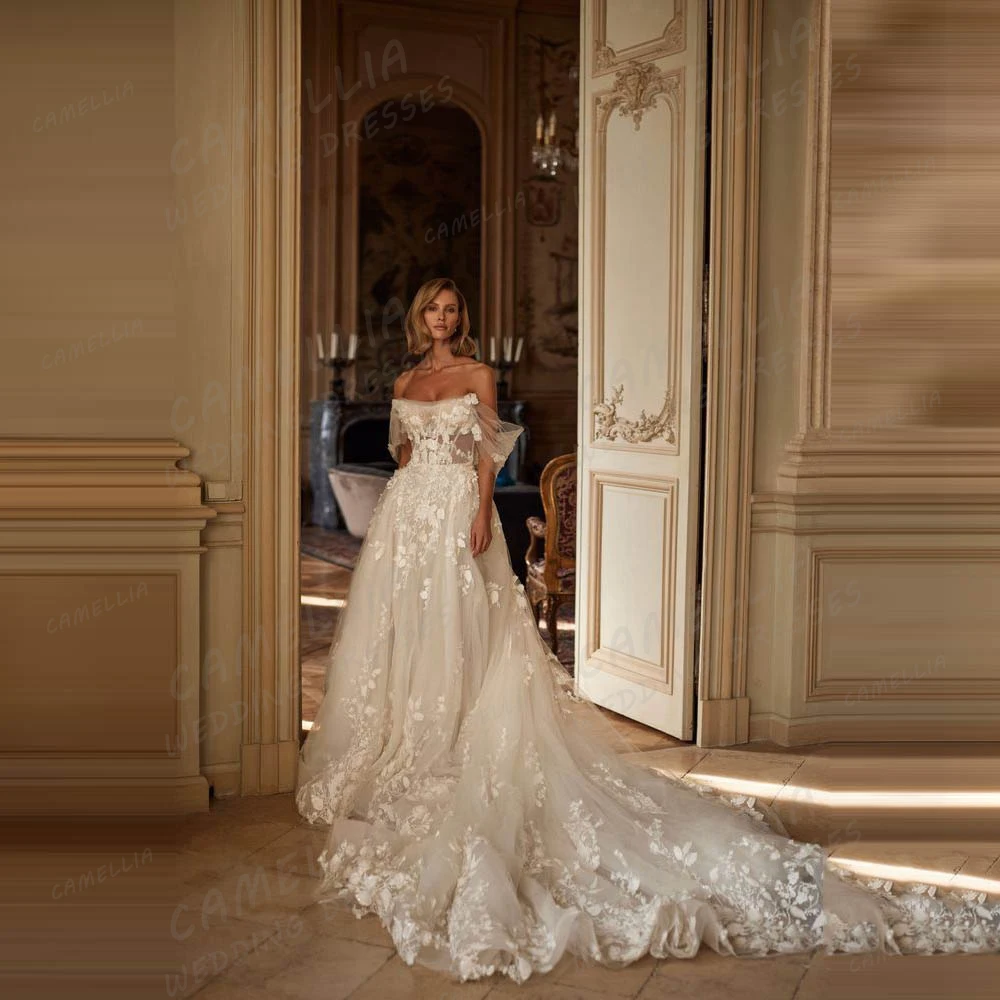 

Simple Lace Wedding Dresses Women's A Line Sexy Sweep Train Appliques Backless Bridal Gowns Party Vestidos De Novia Customized