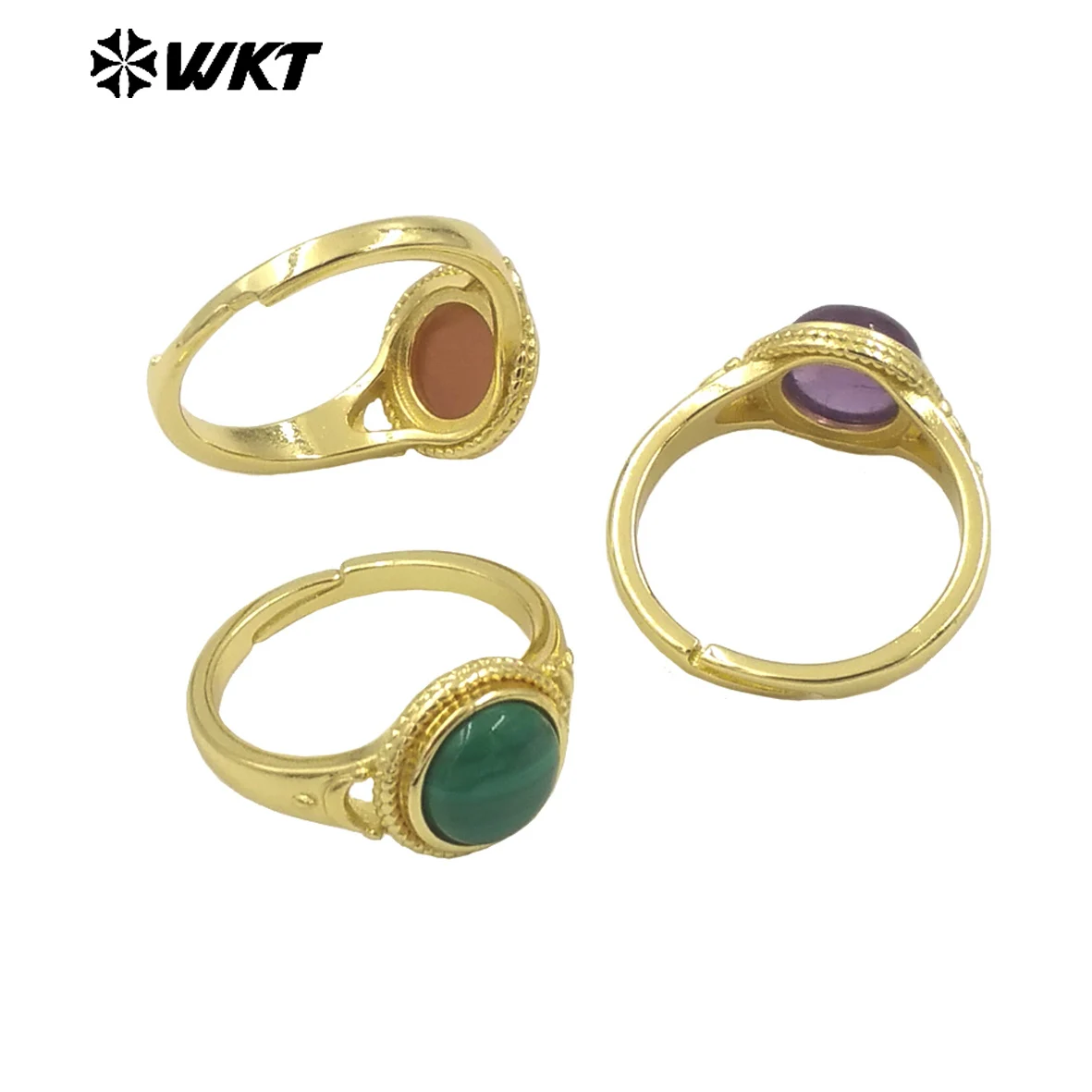 WT-R510 Wholesale Fashion Round Gemstone Made Charming 18k Gold Plated Adjustable Size Lady Stone Ring 10PCS