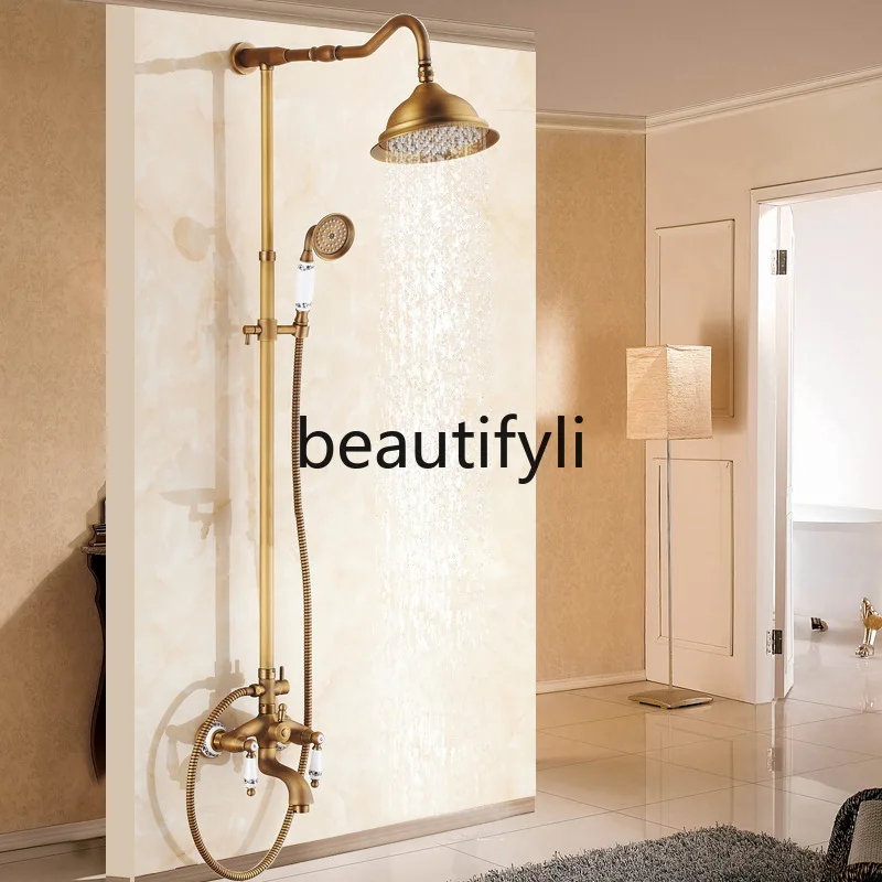 Antique all-copper bronze porcelain shower shower set bathroom pressurized rain shower head hot and cold mixing valve faucet