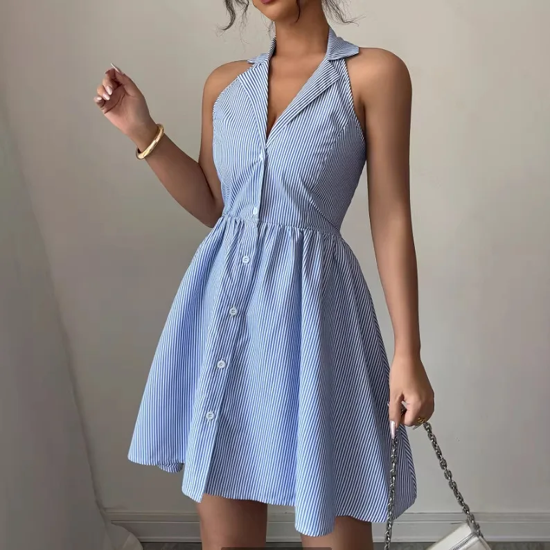 Sexy Deep V Backless A Line Dress Women Summer Dresses Knot Button Mini Short Dress