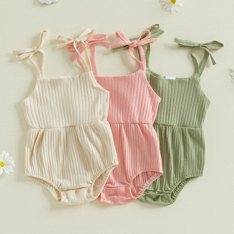 

0-18M Newborn Baby Girl Summer Romper Solid Color Ribbed Sleeveless Elastic Waist Jumpsuits Casual Infant Bodysuits Outfits