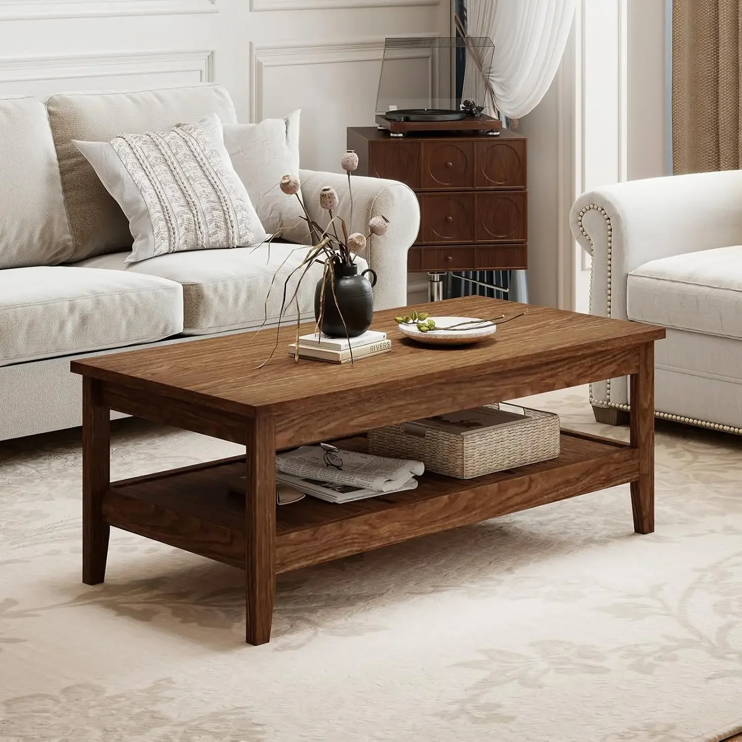

Mid Century Modern Coffee Table, 2-Tier Rectangle Wood Center Table with Slatted Storage Shelf, Vintage Living Room Table for Re