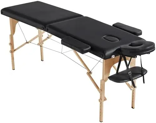 Portable Folding Massage Table, Height-Adjustable Lash Bed, Black | Padded PVC leather on a sturdy wood frame, this