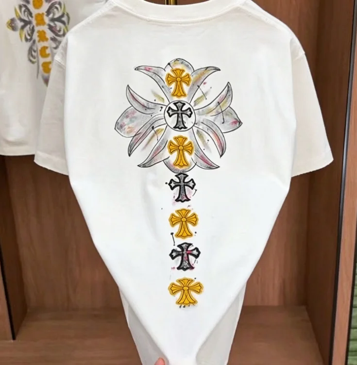 2026 new crew neck short sleeve tee, vertical floral cross painted print on back, American retro street style, unisex loose fit