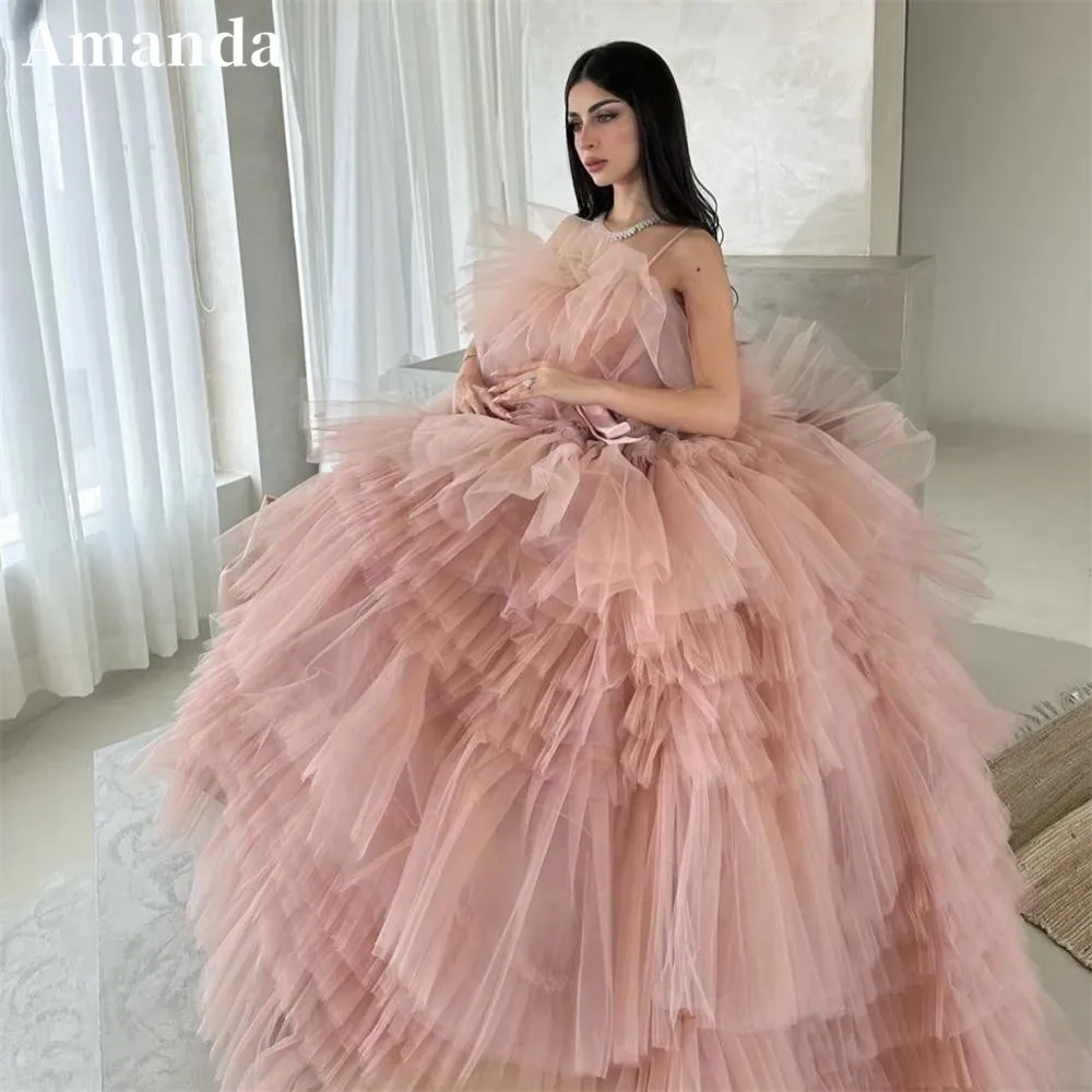 Amanda Pink Princess vestidos de noche Spaghetti Strap Tulle Prom Dress Elegant Sleeveless Floor-Length Multilay Formal Evening