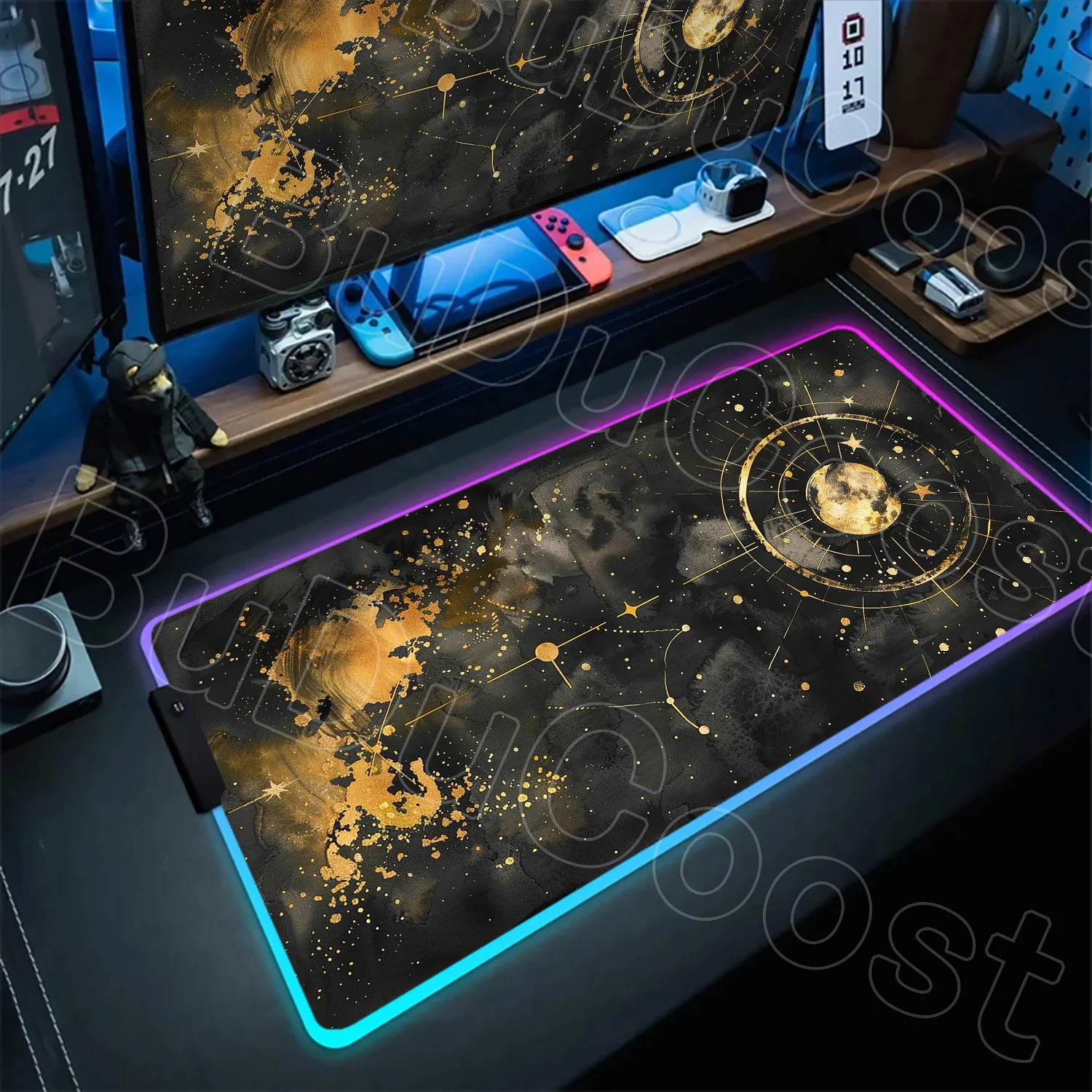 

Золотой фон Луна RGB Настольный коврик Золотой Черный Зодиак Космос Галактика Звезды Луна XXL Большой размер Коврик для мыши Астрологический игровой коврик для мыши