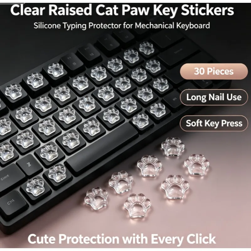 30Pcs Clear Raised Cat Paw Keyboard Stickers Long‑Nail Friendly Typing Protector Silicone Keycap Covers for Mechanical Keyboard