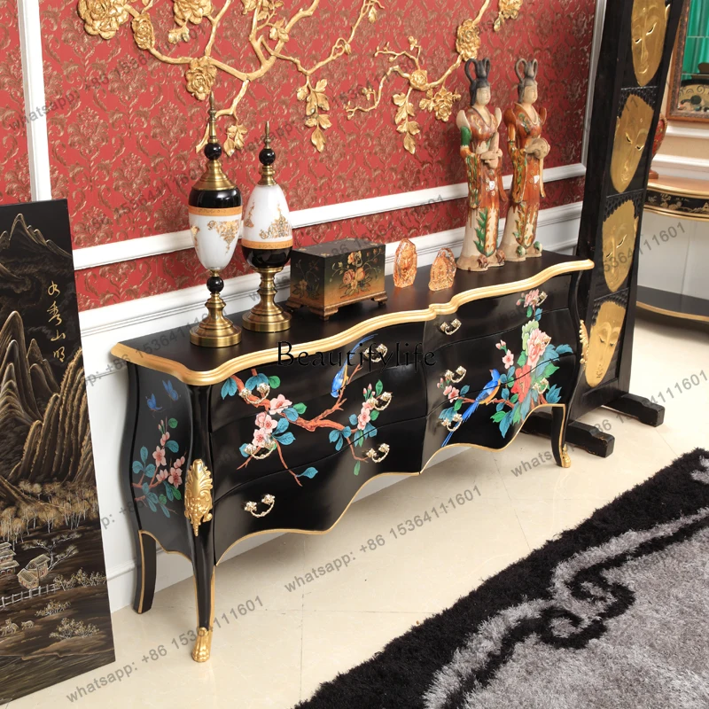 

X4 --*European neoclassical French new Chinese style black painted peony villa high-end entry solid wood entrance foyer cabinet