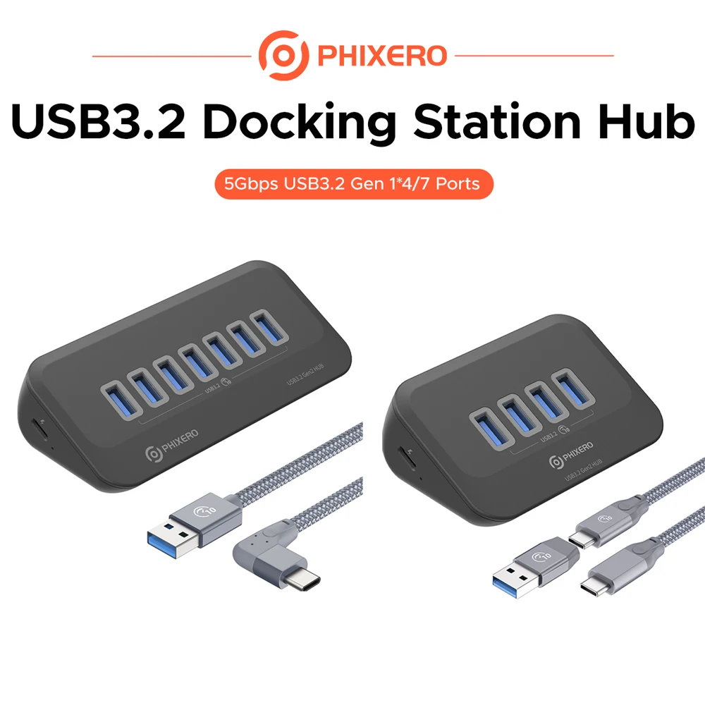 PHIXERO 4 & 7 Ports USB-HUB USB3.2 Gen1 Speed 10Gbps Expand More USB Interface for  Laptop&Desktop HUB USB