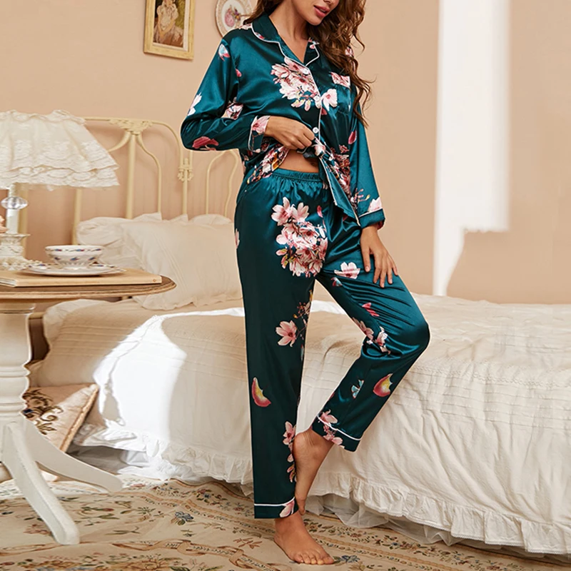 Women Faux Silk Satin Pajama Set Lapel Button Down Long Sleeve Tops & Long Pants Elegant Pink Floral Print Sleepwear Casual Ladi
