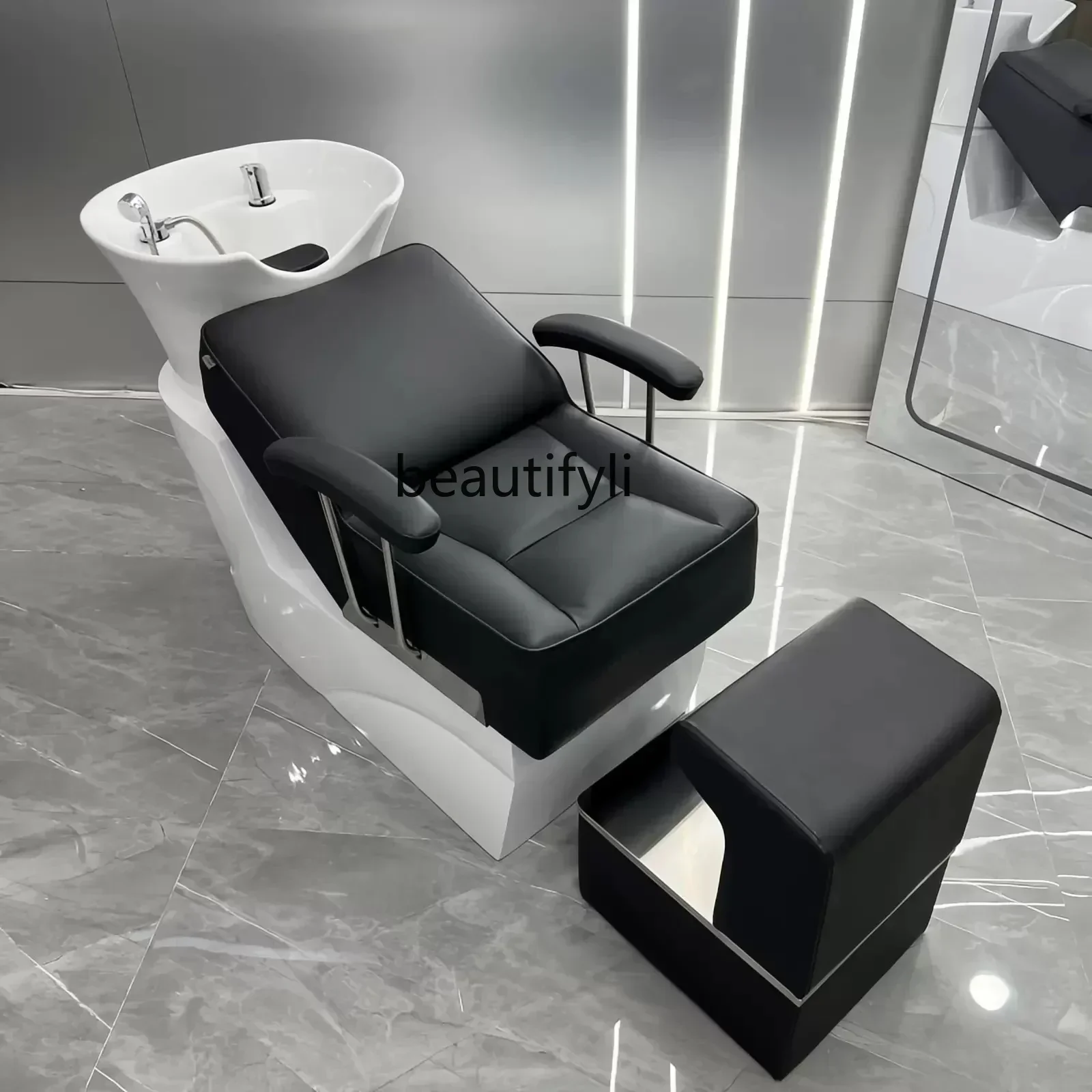lx29Barber Shop Shampoo Chair Ceramic Deep Basin Hair Salon Lying Half Stainless Steel Punch Bed