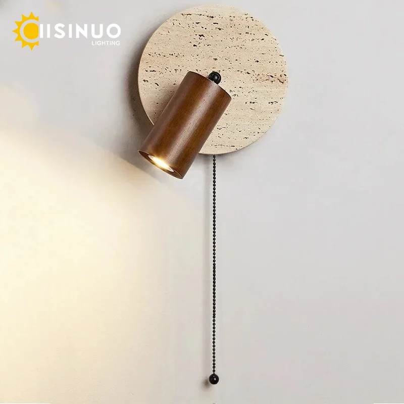 Wabi-sabi Beside LED Wall Lamp Natural Yellow Stone Reading Light Rotatable with Pull Switch Walnut Scones for Home Corridor Dec