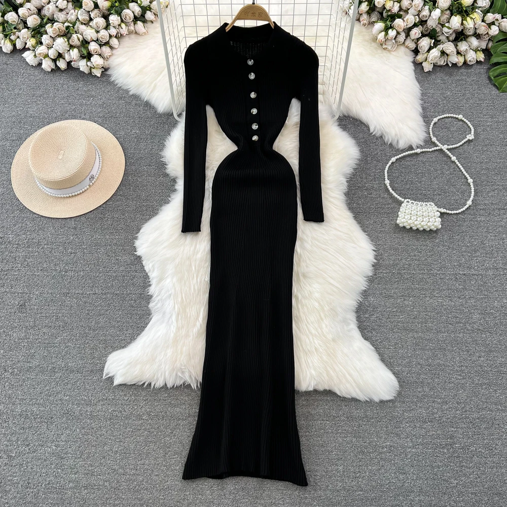 REALEFT Herfst Winter Polo Kraag vrouwen Gebreide Jurken 2024 Nieuwe Solid Koreaanse Lange Mouw Elegante Bodycon Wrap Jurk Vrouwelijke