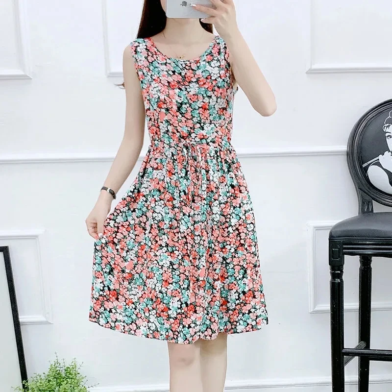 Vestido floral de seda de algodão feminino, sem mangas, elegante, fino, férias, vestidos de praia, vestido feminino, moda verão, novo, 2024