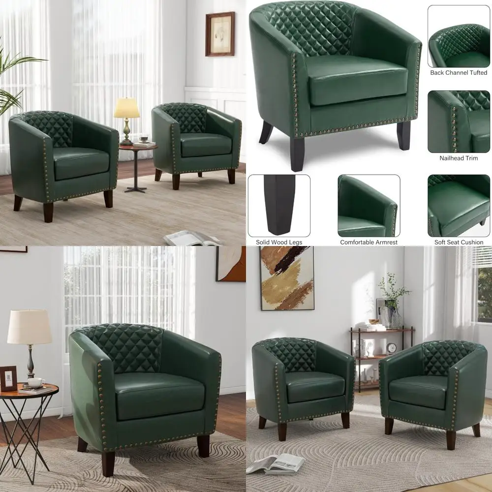 

Pair of Modern Faux Leather Barrel Chairs, Comfortable Accent Armchairs with Upholstery and Nailhead Trim