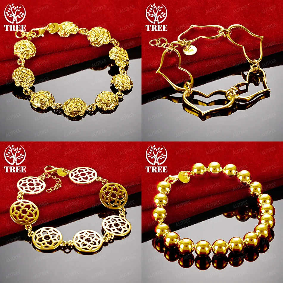 

New Style 18k Gold Bead Chain Flower Heart Hollow Round Bracelet For Women's Birthday Party Beautiful Jewelry Accessories
