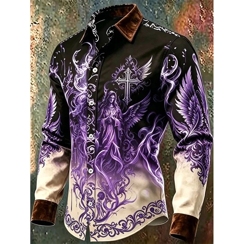 New Black Satin Wolf Head Rose Skull Print Men's Long Sleeved Shirt with Dark gothic Style Casual Shirt