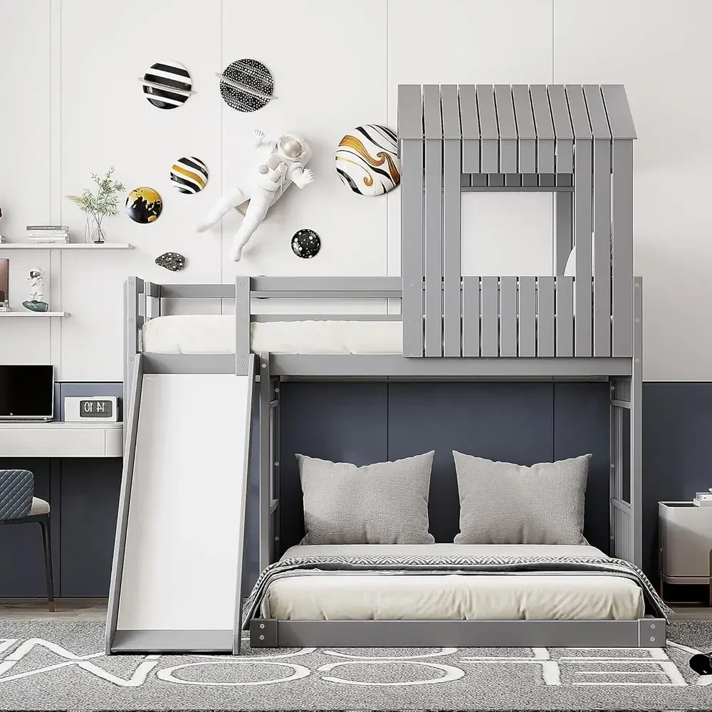 Harper & Bright Designs Twin Over ull House Bunk Bed with Slide, Wood House Shaped un Cottage Beds with Windows & Roo or Kids Te