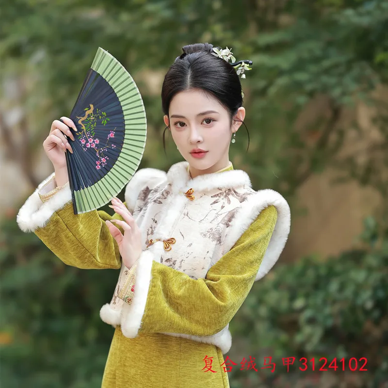 Europeu algodão veludo jacquard e forro de lã engrossado seção longa invertida manga grande cheongsam qi pao inverno novo jovem