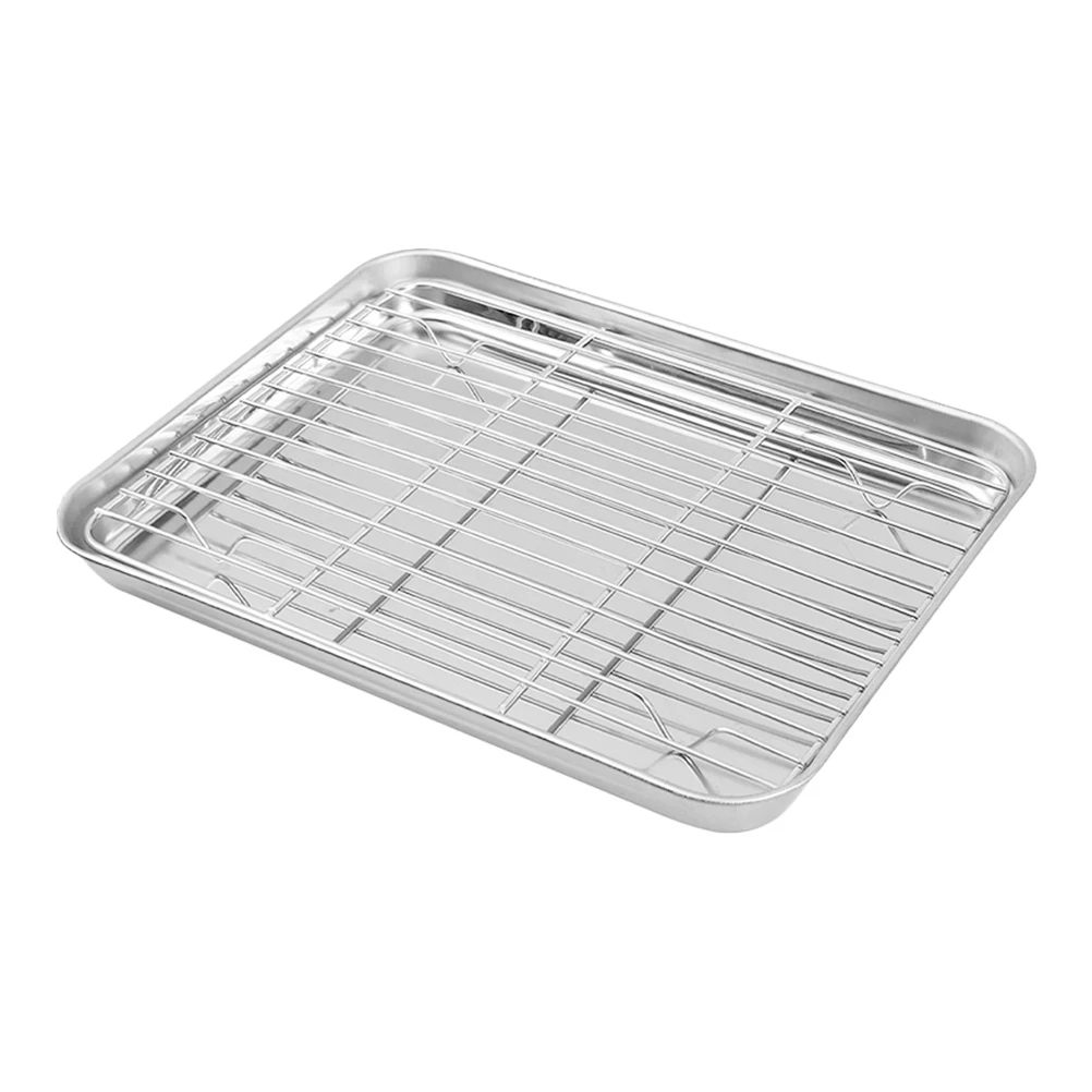 

Drain Baking Tray Set Cooling Rack Stainless Steel with Cover Frying Toaster Oven Pans Trays for Cupcake
