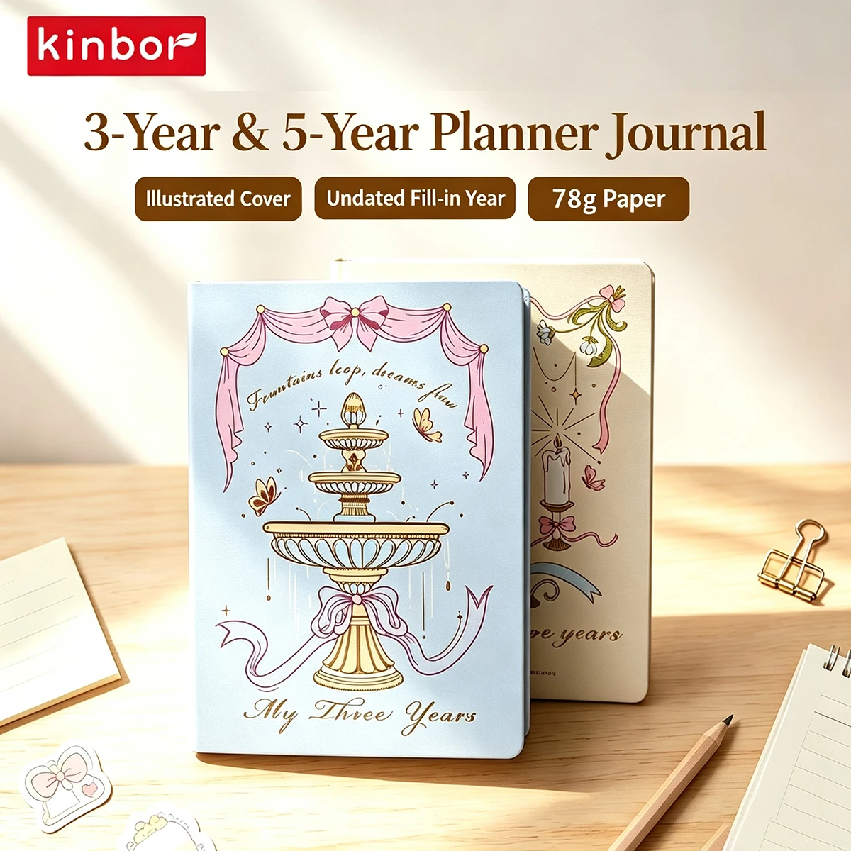 Kinbor 3/5 Year A5 Journal Notebook, 64g Illustrated Notebook, Self‑Filling Planner for Time Management & Efficiency Record