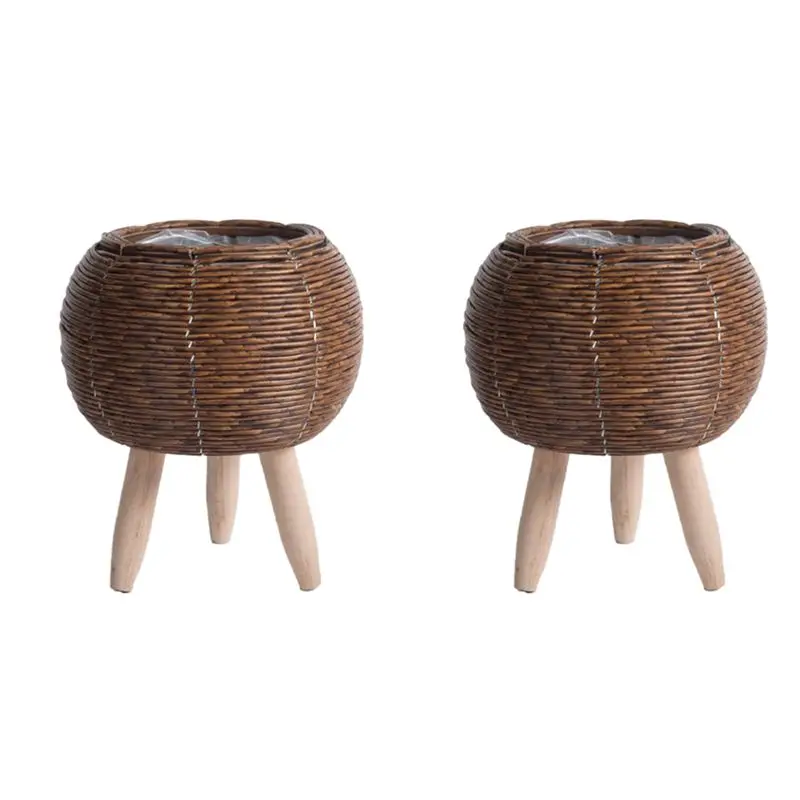 

2 винтажные подставки для цветов из искусственного ротанга, плетеные вручную, с деревянными ножками, корзина для хранения, подставка для цветочных горшков, B