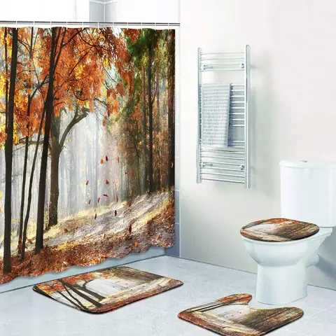 Shower Curtain Set Autumn Forest Golden Leaves Farm House Natural with Non-Slip Rug Toilet Lid Cover Bath Mat Bathroom Decor Set
