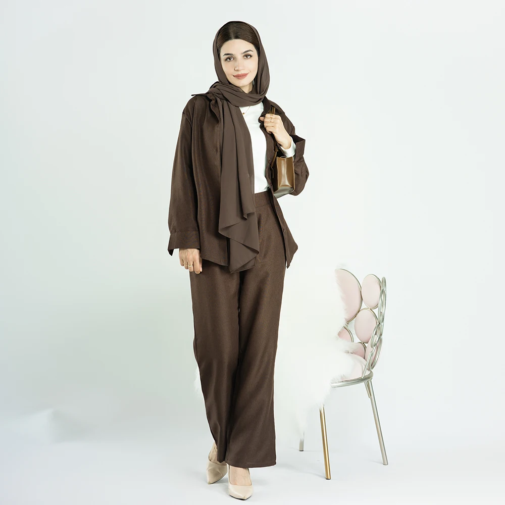 

Two Piece Sets Women Outifits Fashion Long Sleeve Shirt Pant Sets Solid Color Muslim Wide Leg Trousers Islamic Suits Tracksuit