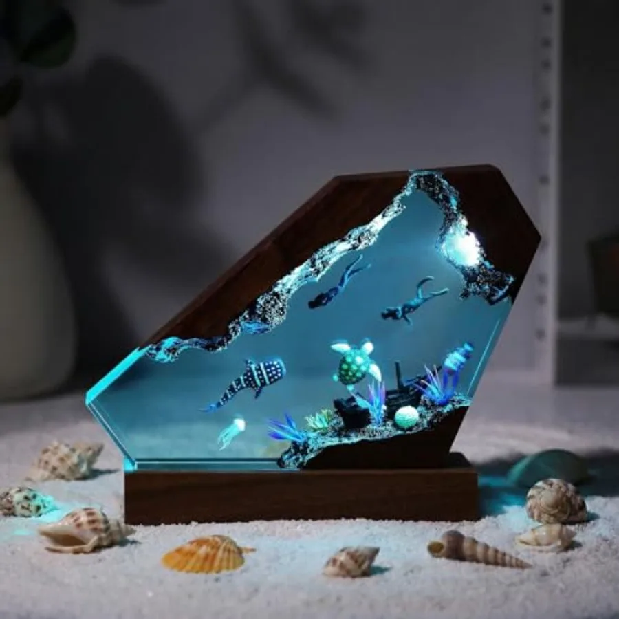 

Creative Epoxy Rein Wood Light Lamp Handmade Multi Color Aquatic Lamp Deep ea Diver Cave Enthuiat Led Night Light Dektop Decor