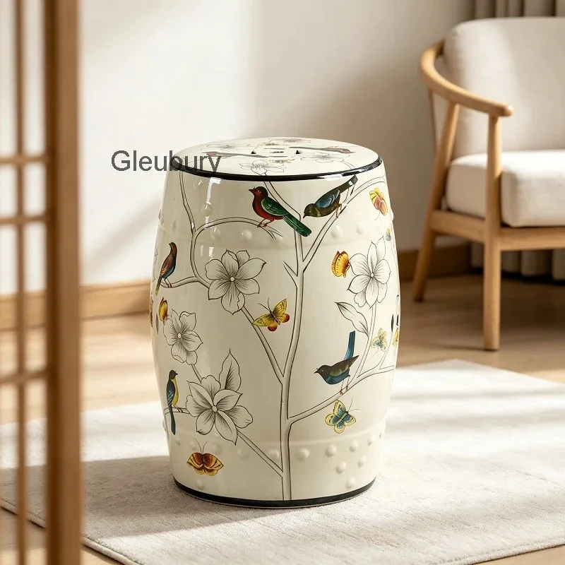 Bird‑Butterfly Floral Pattern Ceramic Drum Stool, Decorative Porcelain Seat, Vintage Accent Stool for Living Room Sofa Side