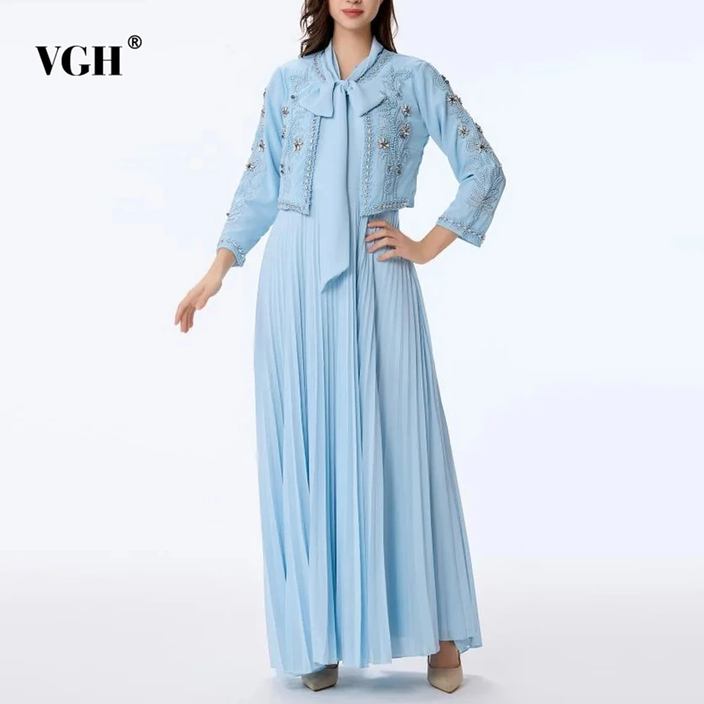 

VGH Элегантные утягивающие комплекты из двух предметов для женщин, пальто с круглым вырезом и длинными рукавами, драпированное платье с высокой талией, темпераментный комплект, женская мода