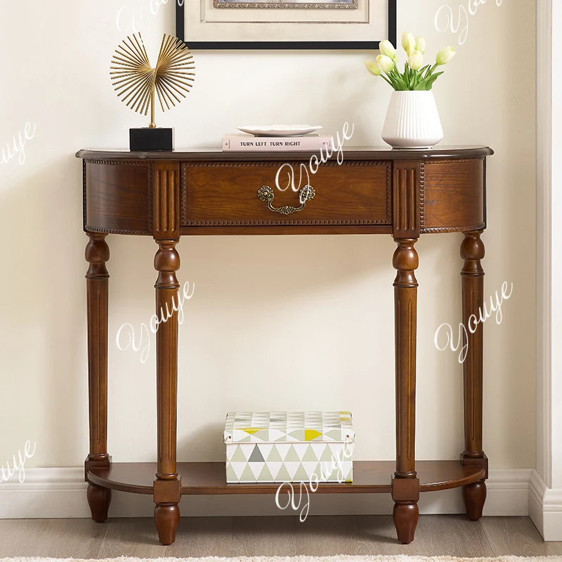 

American full solid wood semi-circular console table ultra-thin entrance hallway wall aisle cabinet French simple living room de