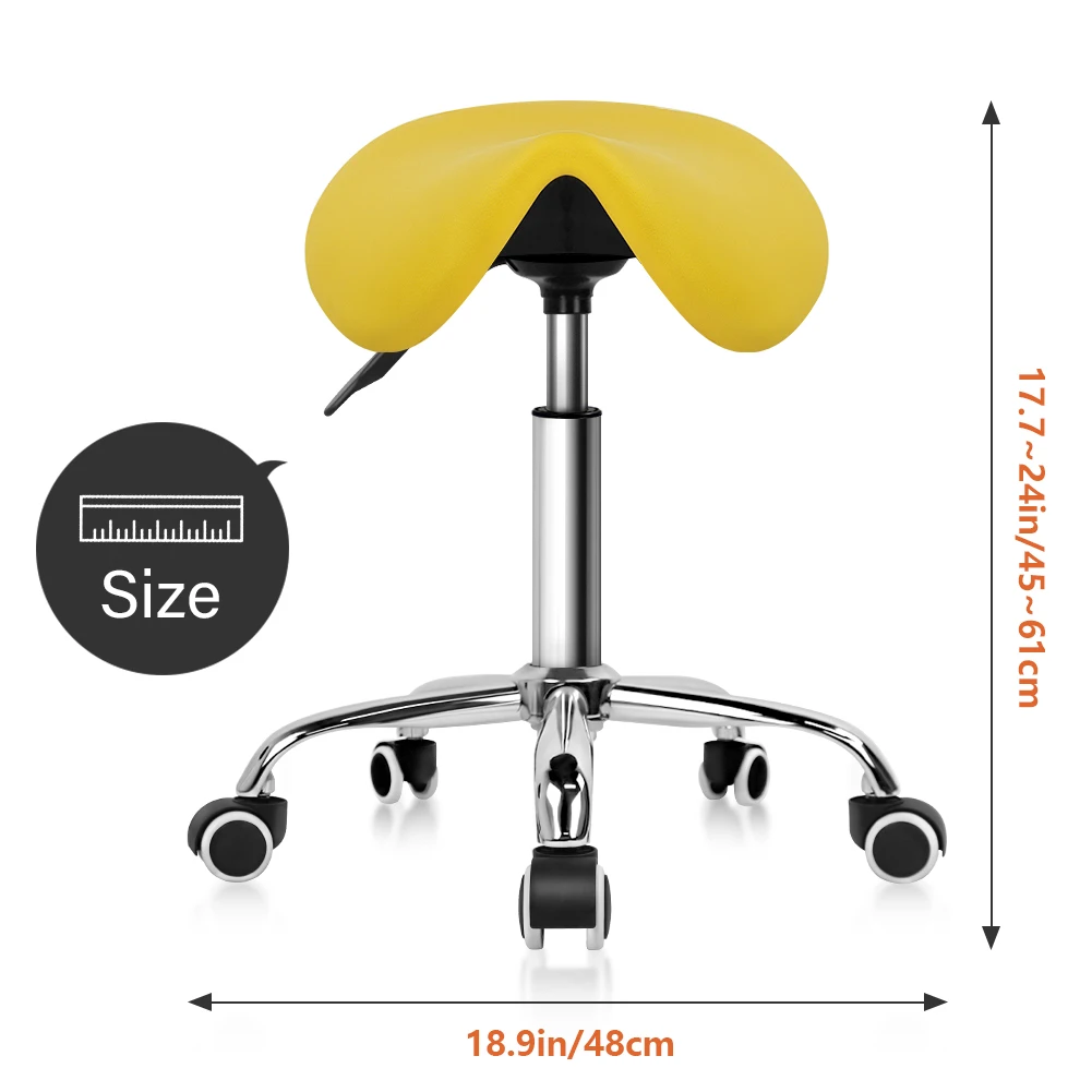 KKTONER Rolling Saddle Stool PU Leather Swivel Adjustable Rolling Stool with Wheels Salon Chair (Yellow)