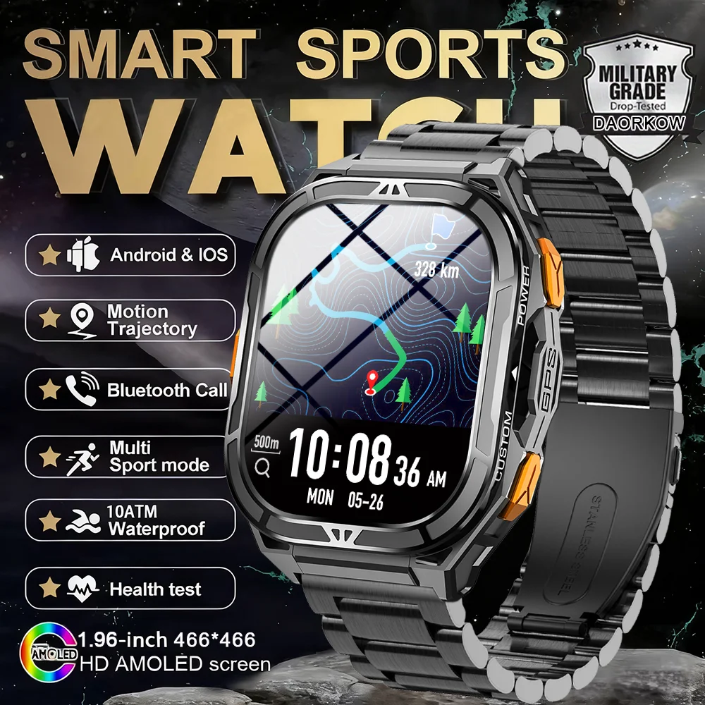 

DAORKOW New GPS Smart Watch Men 1.96" AMOLED HD 170+Sport Mode Compass BT Call Health Monitor 5ATM Waterproof Swimming Watches