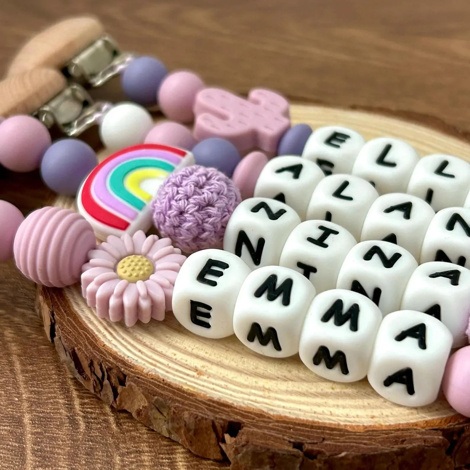 Personalized Pacifier Clip Silicone Rainbow Purple Beads with Wooden Clips Customizable Names for Baby Shower Gift image 6