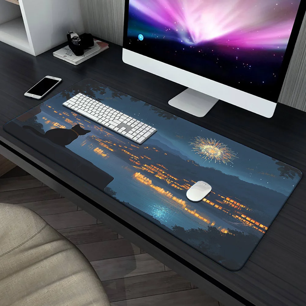 

Cute Kitten Urban Night Desk Mat - HD Printed Non-Slip Gaming Pad - Non-Slip Rubber Backed Office Decor