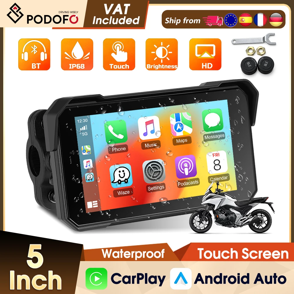 Podofo, schermo da 5 pollici per moto, dispositivo portatile con funzionalità smart, compatibile con Carplay e Android Auto, schermo ad alta definizione, Bluetooth, regolazione della luminosità e