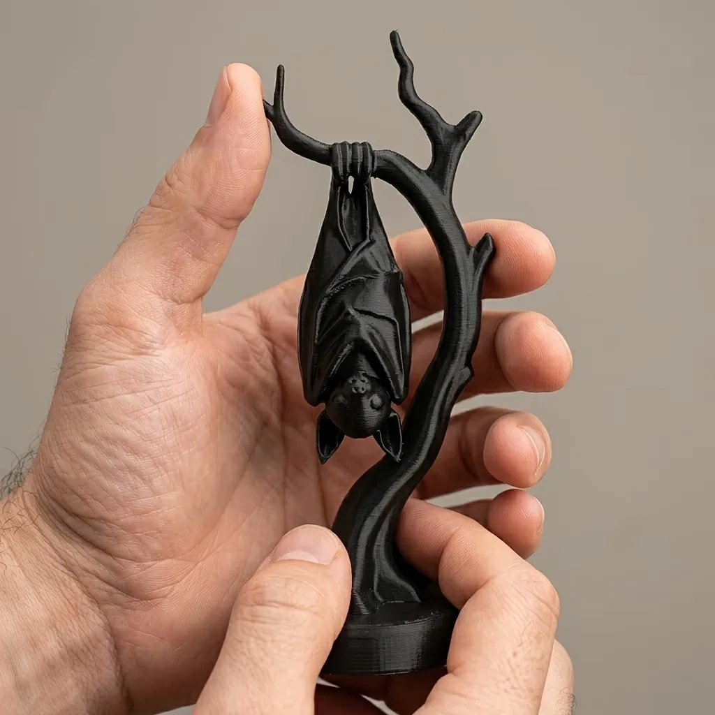 Halloween Gothic Bat Figurine 3D Printed on Branch Spooky Sculpture Desk Bookshelf Creepy Decor Ornament Gift