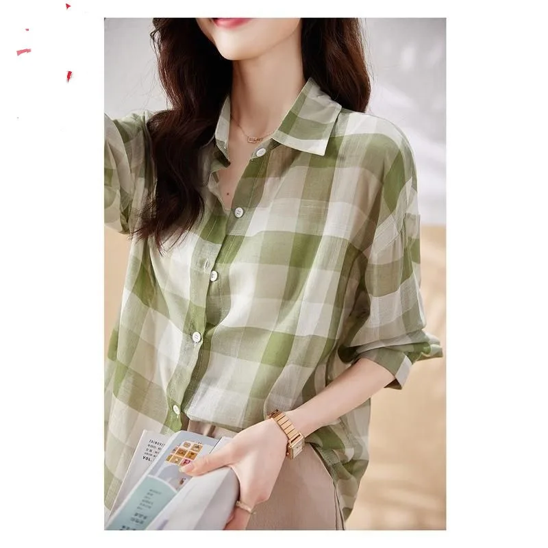 Vintage Fashion New Summer Thin Women\'s POLO Collar Lattice Single Breasted Temperament Versatile Long Sleeve Loose Shirt Tops